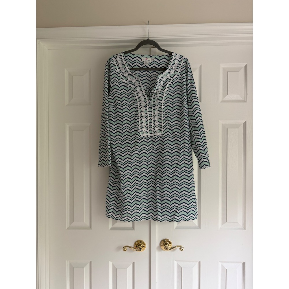 Vineyard Vines Women XL Navy Mint Chevron Lace Split Neck Tunic Cover Up Dress